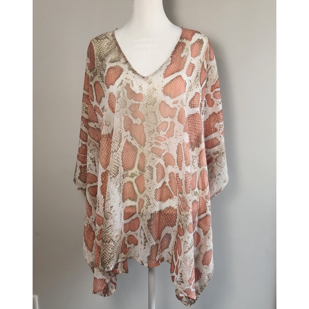 Adrienne Tunic Top Women's S Pink Tan‎ Gold Snakeskin Print Sheer Coverup Boho